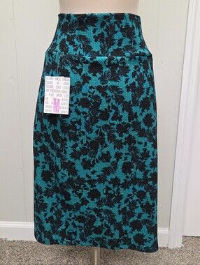 LuLaRoe Teal and Black Azure Floral Pencil Skirt Medium